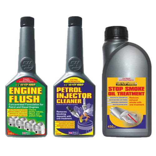 3 Pack ENGINE FLUSH + PETROL INJECTOR CLEANER + EXHAUST STOP SMOKE OIL TREATMENT